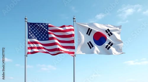 American and south korean flags waving together against a clear blue sky