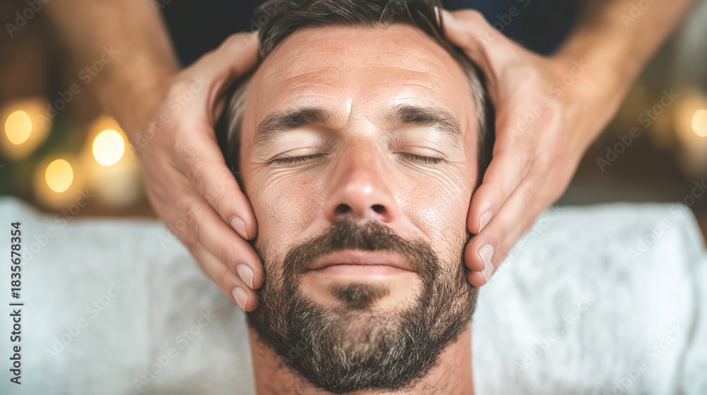 Obraz premium Man with closed eyes enjoying a soothing facial massage at a spa, focusing on relaxation and professional skin care