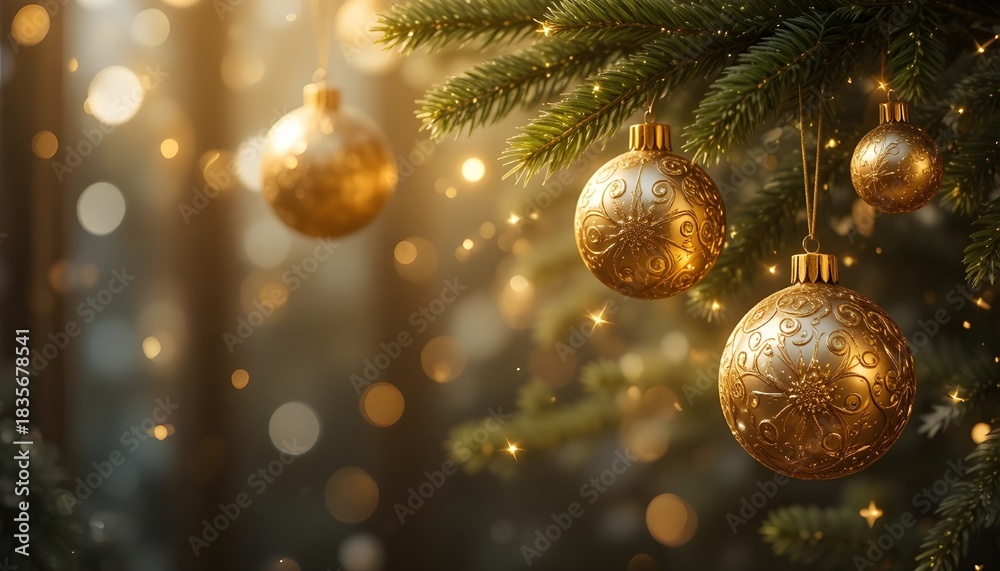 custom made wallpaper toronto digitalClose up of golden christmas ornaments hanging on a festive evergreen tree
