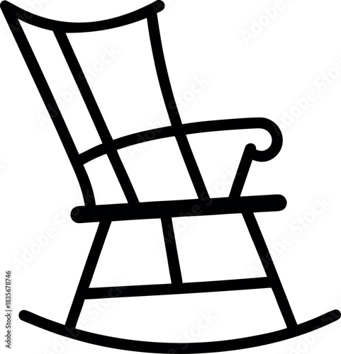 Black and White Line Drawing of Traditional Rocking Chair with Vertical Backrest Supports