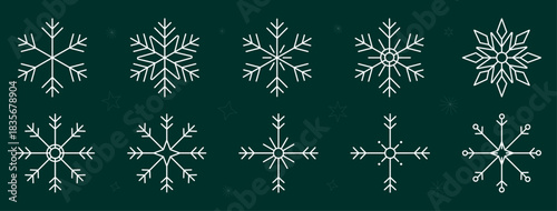 Snowflake vector set. Winter snow flakes line art with geometric ice crystal shapes and decorative seasonal elements ideal for Christmas graphics, holiday cards, patterns and festive designs