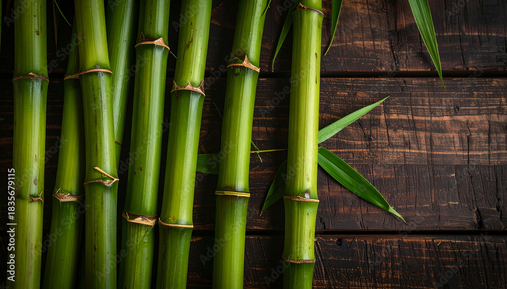 Obraz premium Vibrant green bamboo stalks on dark wooden backdrop. Top view.