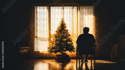 Senior person in silhouette sitting on a chair, looking out a window with a Christmas tree, feeling loneliness and isolation