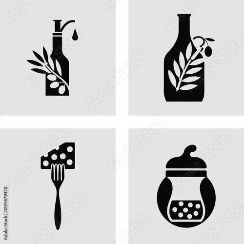 Set of food icons olive oil cheese and jam minimalist vector design for restaurant menu and product packaging