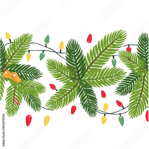 Seamless decorative christmas border with lights garland and coniferous branches 3
