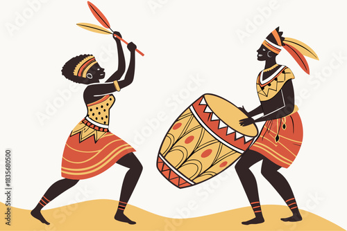 Traditional Ugandan drum dance with ornate costumes, modern flat illustration style