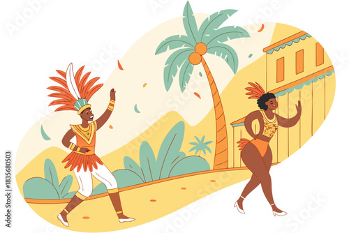 Traditional samba parade in Rio with ornate costumes, modern flat illustration style