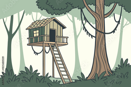 Treehouse illustration built high among jungle trees with wooden ladder access in traditional areas.
