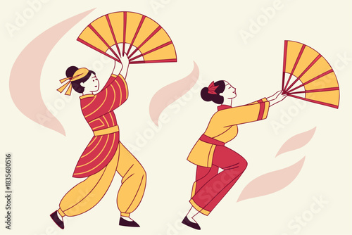 Traditional Vietnamese fan dance with ornate costumes, modern flat illustration style