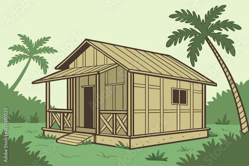 Tropical hut illustration built with woven bamboo panels and open veranda in traditional areas.