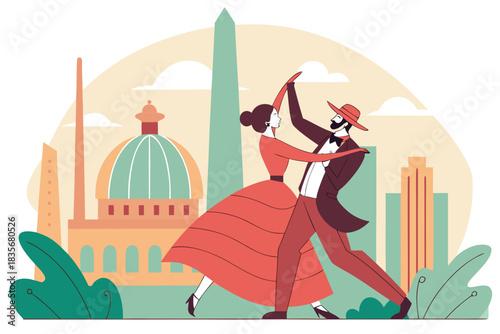 Traditional tango in Buenos Aires with ornate costumes, modern flat illustration style