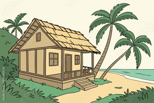 Tropical cottage illustration built with palm roof and bamboo veranda near beach in traditional areas.