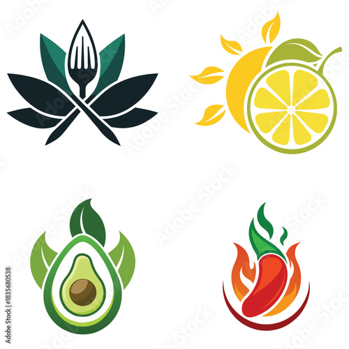 Set of food logo designs including a fork with leaves lemon with sun avocado and chili pepper with flames vector illustration