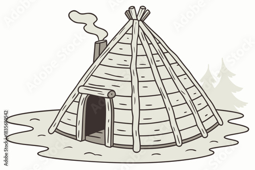 Tundra hut illustration built with logs and animal hide covering in frozen area in traditional areas.