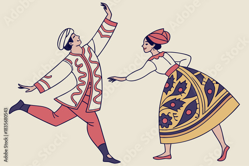 Traditional Uzbek silk road dance with ornate costumes, modern flat illustration style