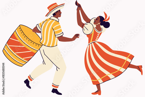 Traditional Uruguayan candombe dance with ornate costumes, modern flat illustration style