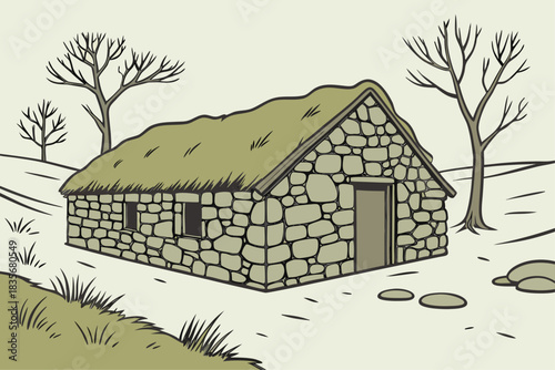 Turf house illustration built with stone walls and grassy roof in northern lands.