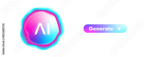 Vector web interface element with AI generate button and glowing gradient logo. Artificial intelligence software design. Smart tech assistant prompt icon.