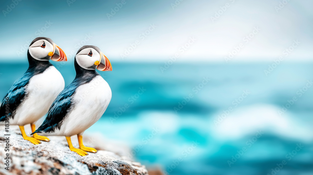 Fototapeta premium Atlantic puffins standing on rocky cliff overlooking blue ocean, wild marine birds in natural habitat