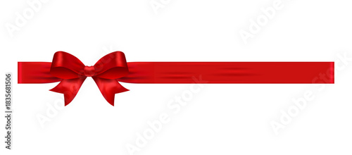 Red ribbon with bow on left side, glossy vector decorative element for greeting cards, invitations, scrapbooking, packaging and holiday design