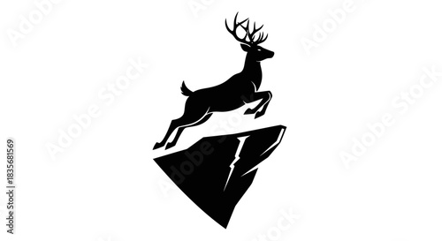 Majestic Deer Leaping Over a Rugged Mountain Peak Silhouette.