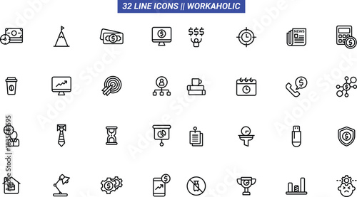 Workaholic Line Icons Collection for Business and Productivity