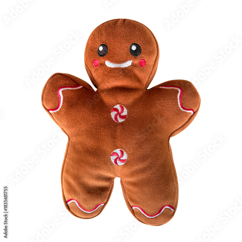 Cute plush gingerbread man toy with embroidered face, peppermint buttons, and icing details, isolated on white. Ideal for Christmas decor and holiday themes.