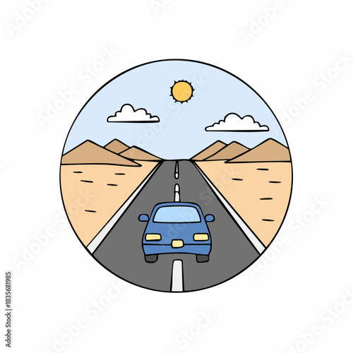 Blue car drives along empty desert highway during daytime road trip