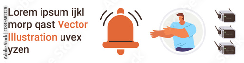 Notifications, communication, alerts, human interaction, digital signals, information processing. Red alert bell, man gesturing beside text. Notifications and communication concepts