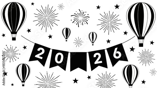 A black and white vector illustration for the New Year 2026 celebration, featuring a festive banner with fireworks and hot air balloons