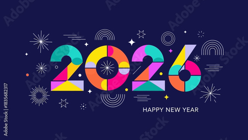 Happy New Year 2026 festive celebration background with modern typography featuring colorful geometric patterns and fireworks