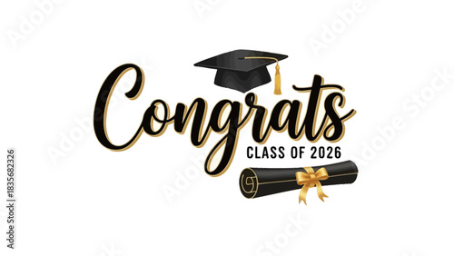 Elegant calligraphic Congrats Class of 2026 text with a graduation cap and diploma scroll. Vector illustration for graduates on a white background