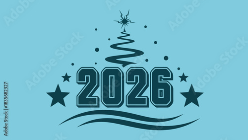 Festive 2026 New Year celebration banner with a stylized Christmas tree and star elements on a blue background