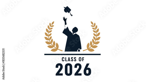 Class of 2026 graduation vector logo design with a silhouette of a graduate tossing a cap and laurel wreath
