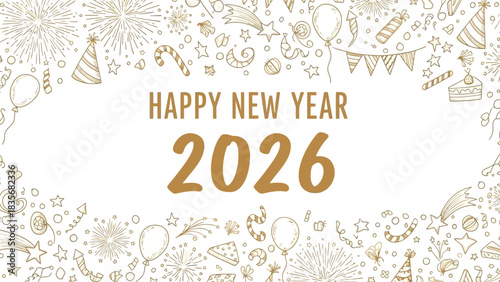 Festive doodle banner for the New Year 2026 celebration featuring hand-drawn party icons like fireworks, confetti, and stars in a golden style