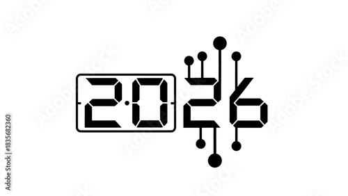 Futuristic logo for the year 2026 combining a digital display with a modern technology circuit graphic