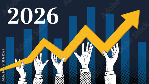 Teamwork supporting financial market growth into 2026 with a rising arrow over a blue bar graph