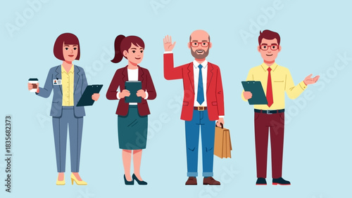 A friendly team of cartoon business professionals and office staff standing together. Vector illustration character set featuring men and women colleagues