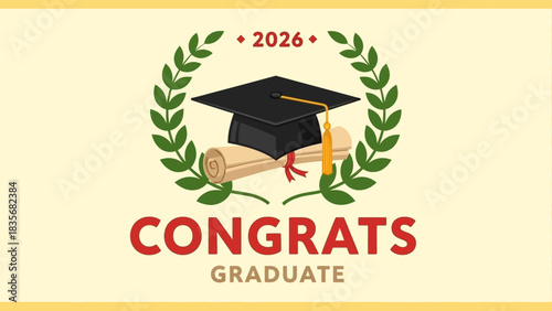 Vector illustration for the class of 2026, a celebratory graphic with a graduation cap and diploma for a graduate