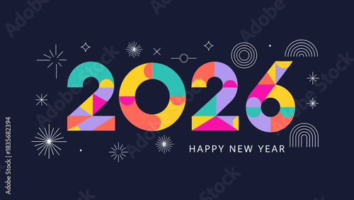 Colorful geometric typography for the 2026 Happy New Year celebration, a modern and festive vector illustration banner