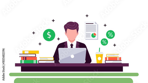 A professional accountant or businessman at an office desk working on a laptop, analyzing financial data with charts and money symbols for investment planning