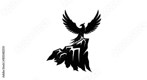 Majestic eagle perched atop rugged mountain peak silhouette against white background.