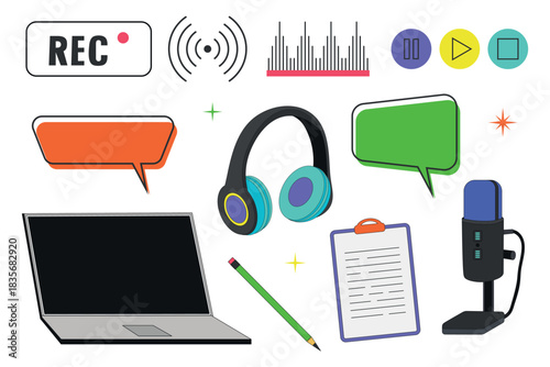 A set of elements for podcasts, broadcasts, streams, interviews, and online radio. Microphone, headphones, laptop, and speech bubbles. Vector illustration.