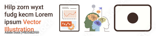 Data analysis, cognitive science, mental health, education, analytics, problem-solving. Chart with graphs and human heads brain activity and light bulb. Data analysis and cognitive science
