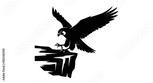 Black silhouette of a majestic falcon landing on a cliff.