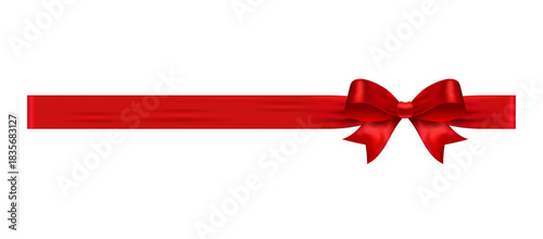 Red ribbon with bow on right side, glossy vector element for gift vouchers, coupons, promo banners, sales, packaging and festive holiday use