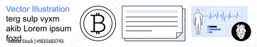 Blockchain, cryptocurrency, digital transactions, medical records management, identity verification, financial analytics. Bitcoin logo, health data chart identification icon. Blockchain and digital