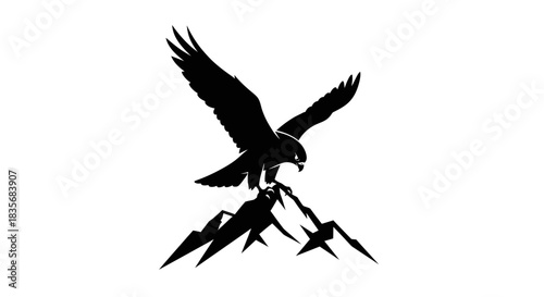 Majestic Eagle Silhouette Soaring Above Mountain Peaks Vector Illustration.
