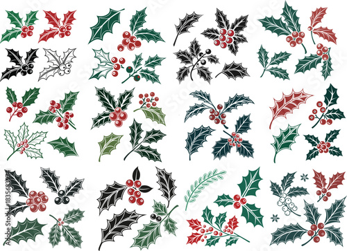Holly berry icons set, Chritmas logo wirh holly berries - set vector