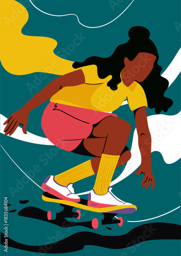 A girl is riding a skateboard. Vector illustration. Poster, postcard, banner.